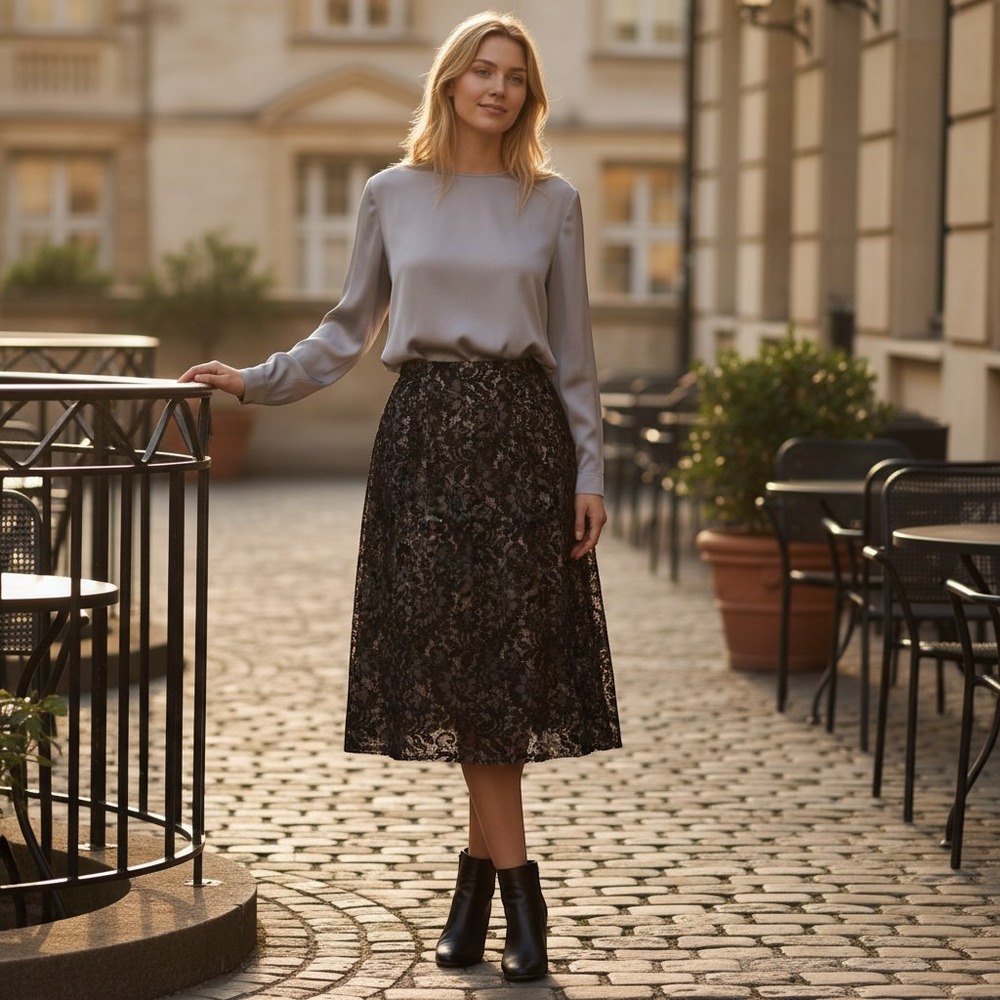 Le Suit Womens 14 Black Gold Floral Lace Jacquard Pencil Skirt B3109 Knee Length